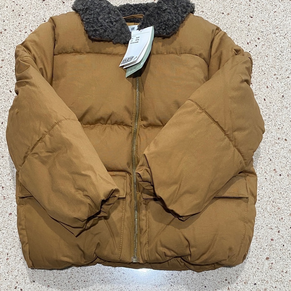 H&M Warm Sherpa Collar Puffer Jacket in Camel Brown